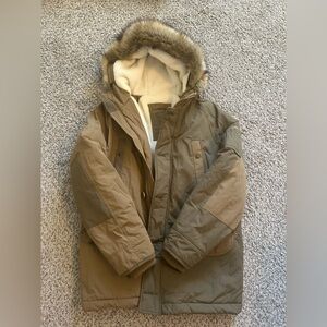 American Eagle Outfitters Cream Sherpa Lined Multi-Color Hooded Winter Jacket
